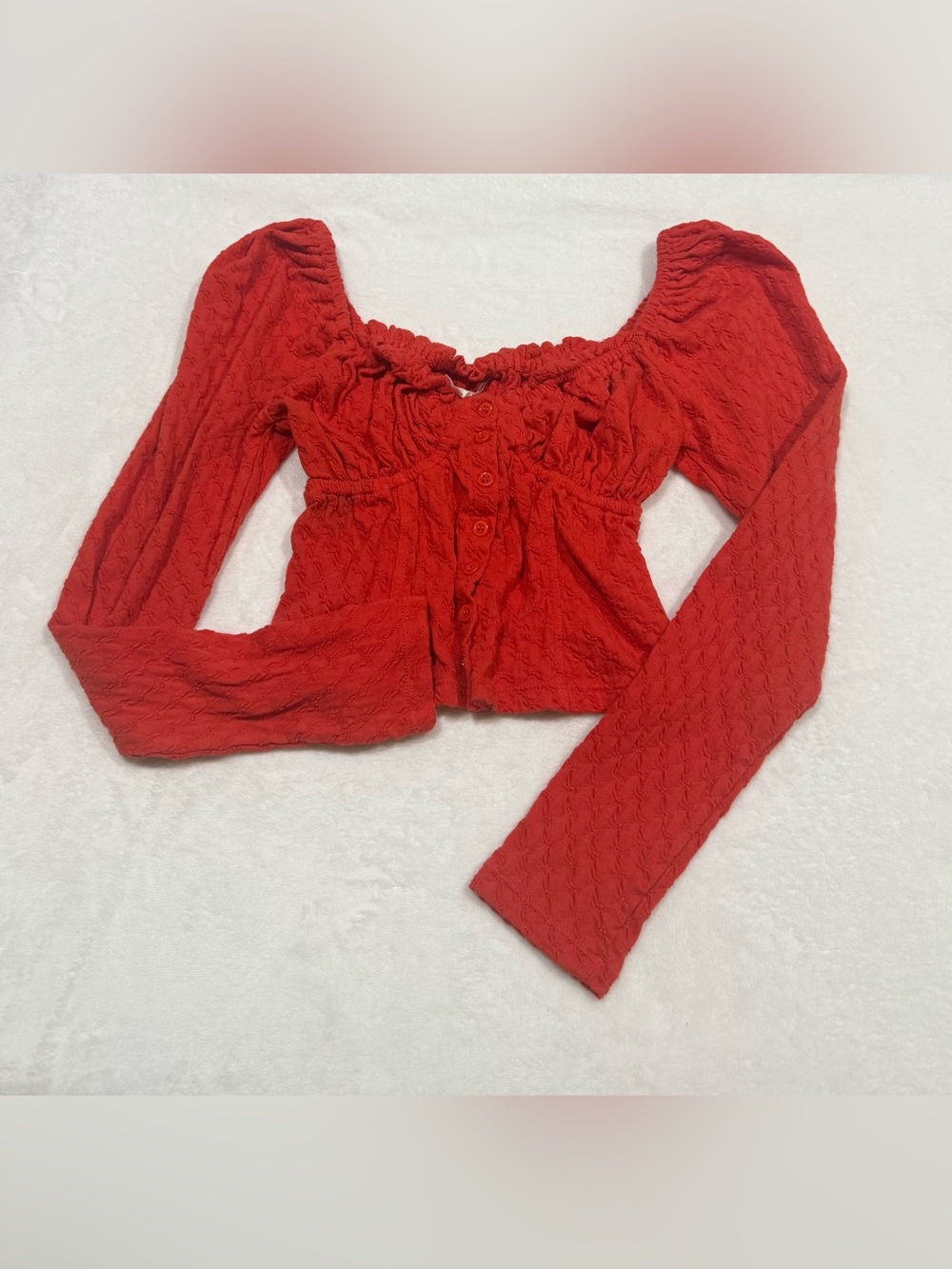 Free People Red Textured Button-Front Long Sleeve